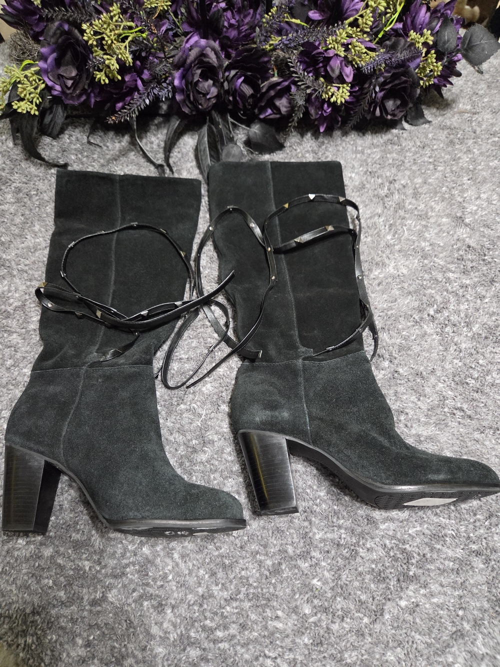 Women’s Black Suede Mid-Calf Block Heel Boots with Wrap Straps